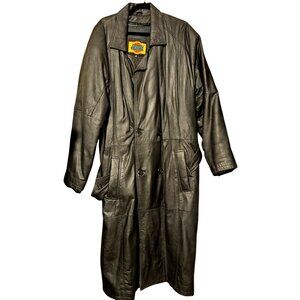 Men's Large Cruch Black Leather Double-Breasted Long Trench Coat With Button Clo